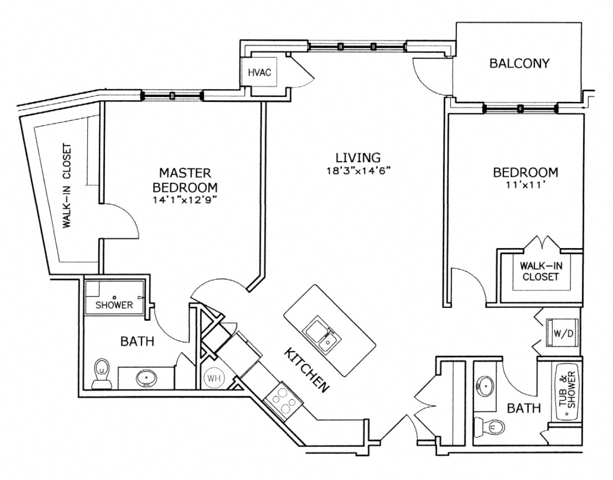 Floor plan for 2 beds, 2 baths, 1165 sqft